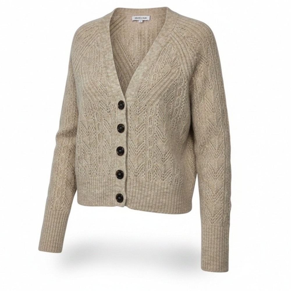 Veronica Beard Pointelle Knit Cardigan Womens S Beige Alpaca Wool V-Neck